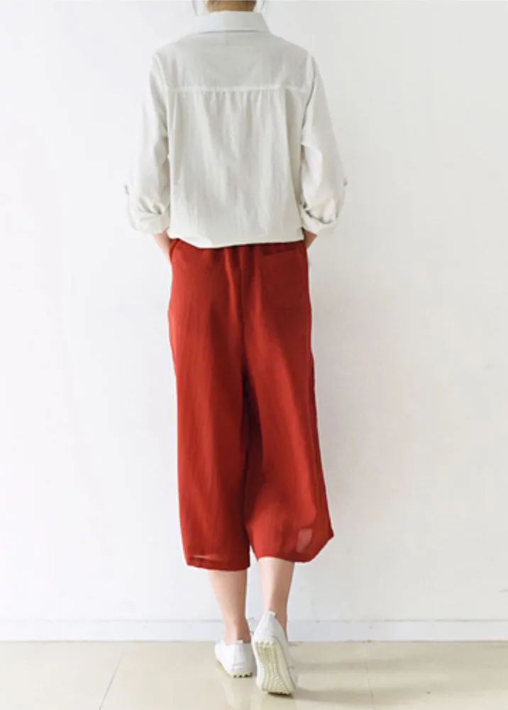 new red cotton wide leg pants plus size elastic waist pants