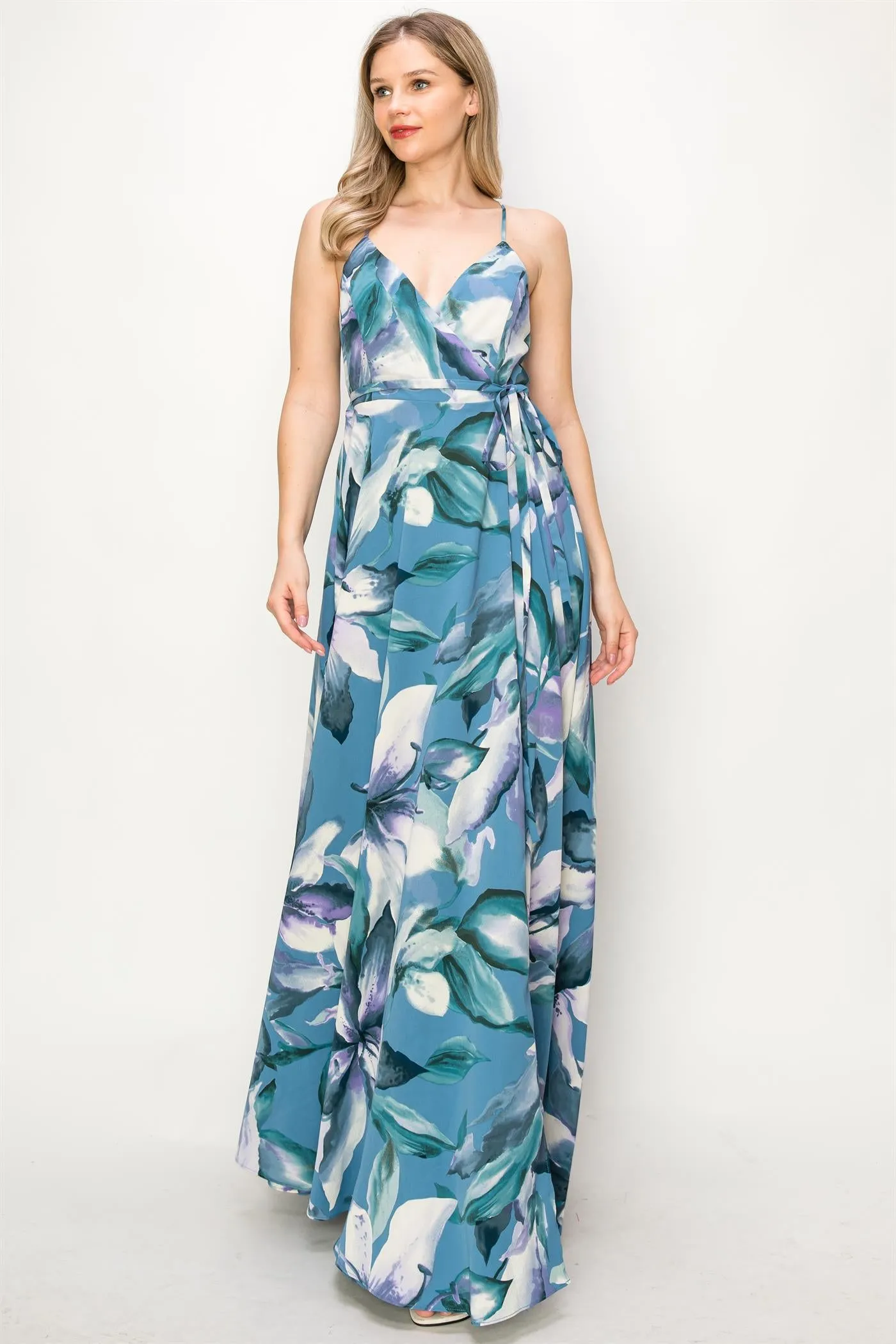 OL24A136-FLORAL SLEEVELESS WRAP MAXI DRESS