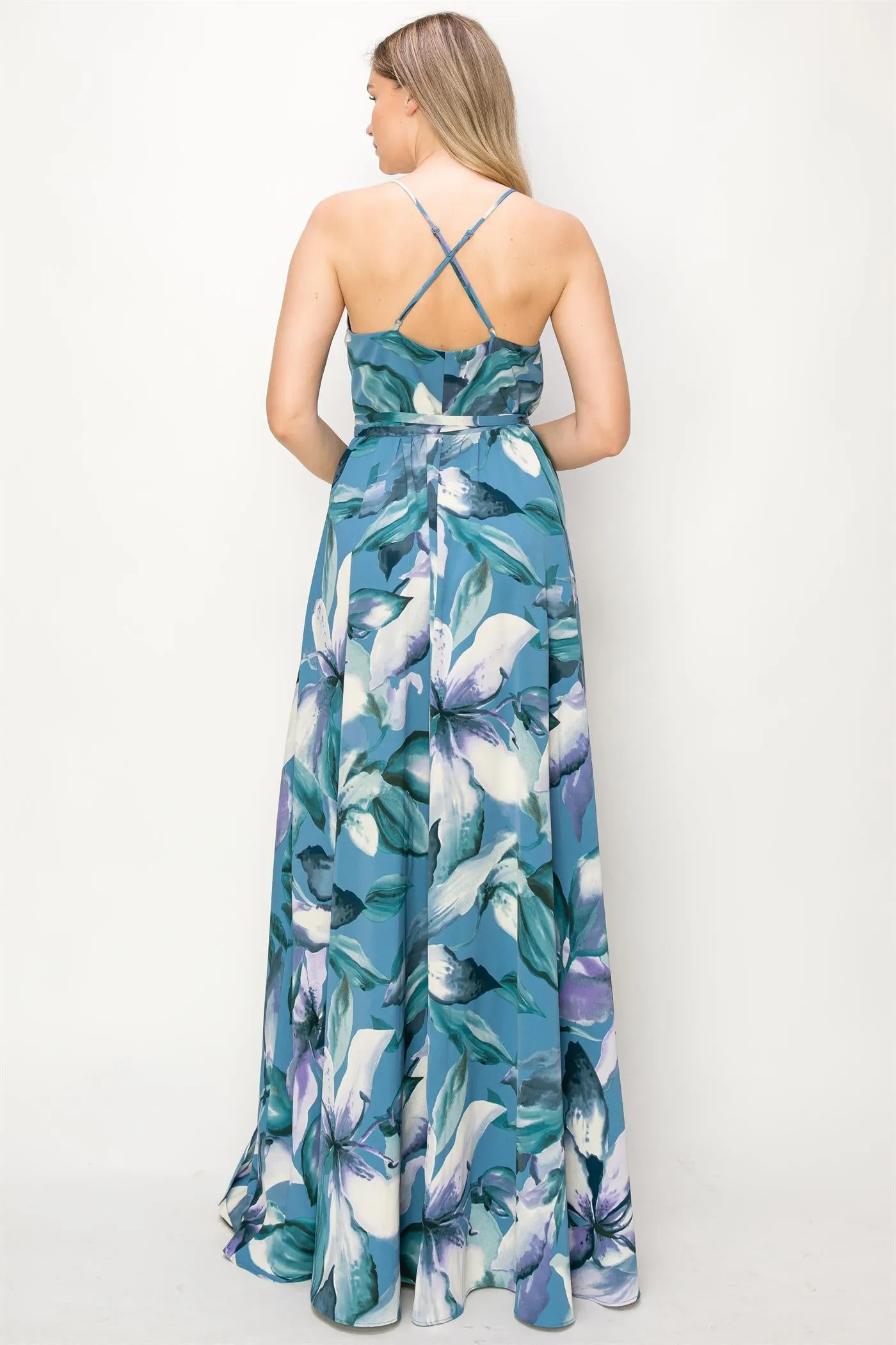 OL24A136-FLORAL SLEEVELESS WRAP MAXI DRESS