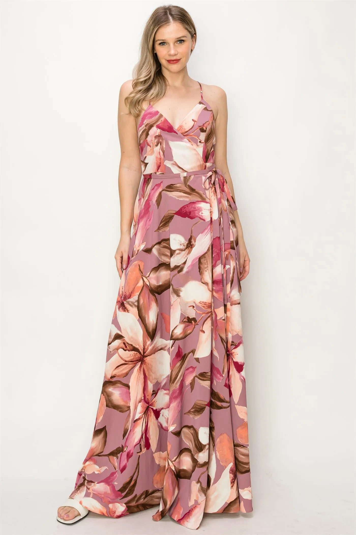 OL24A136-FLORAL SLEEVELESS WRAP MAXI DRESS