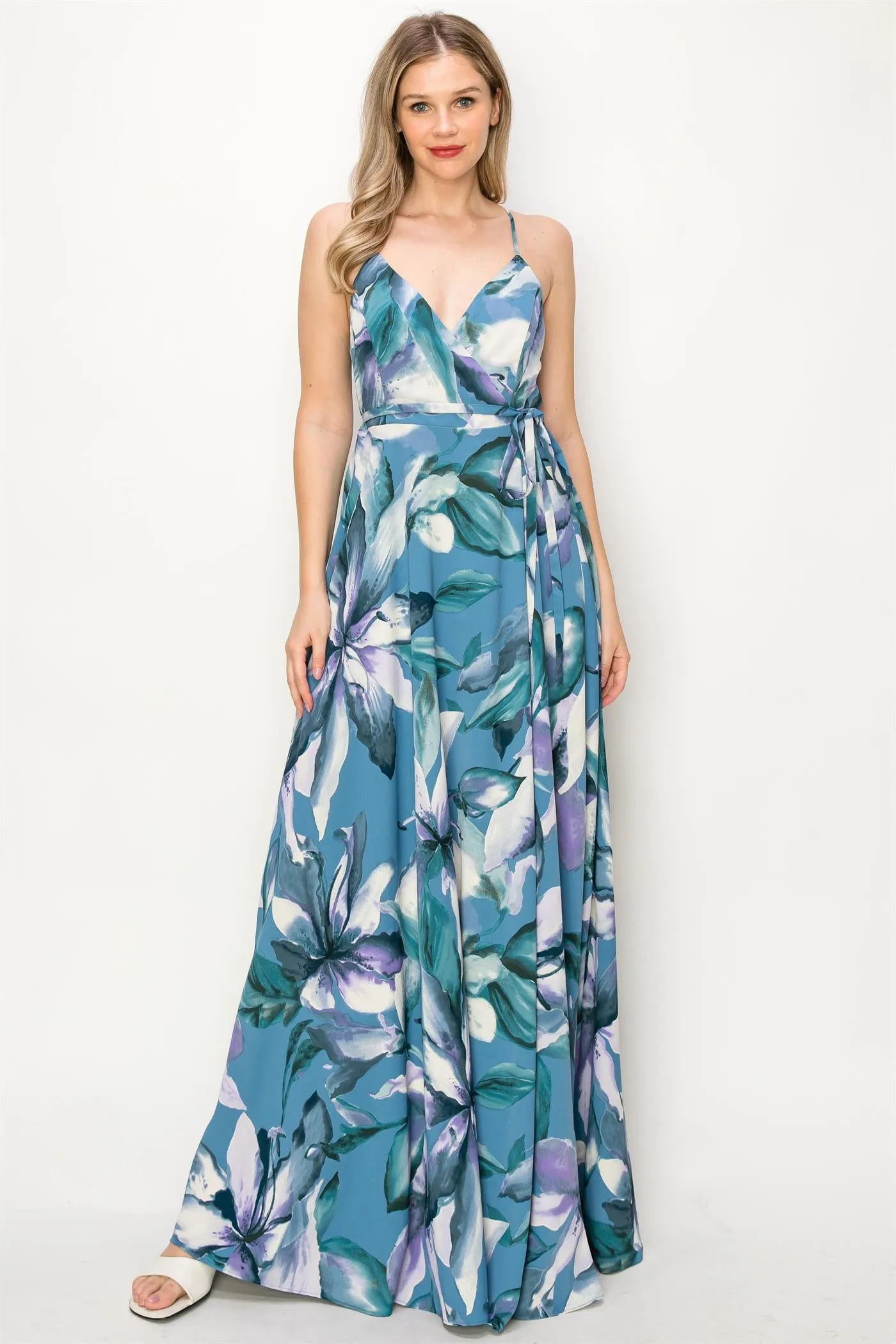 OL24A136-FLORAL SLEEVELESS WRAP MAXI DRESS