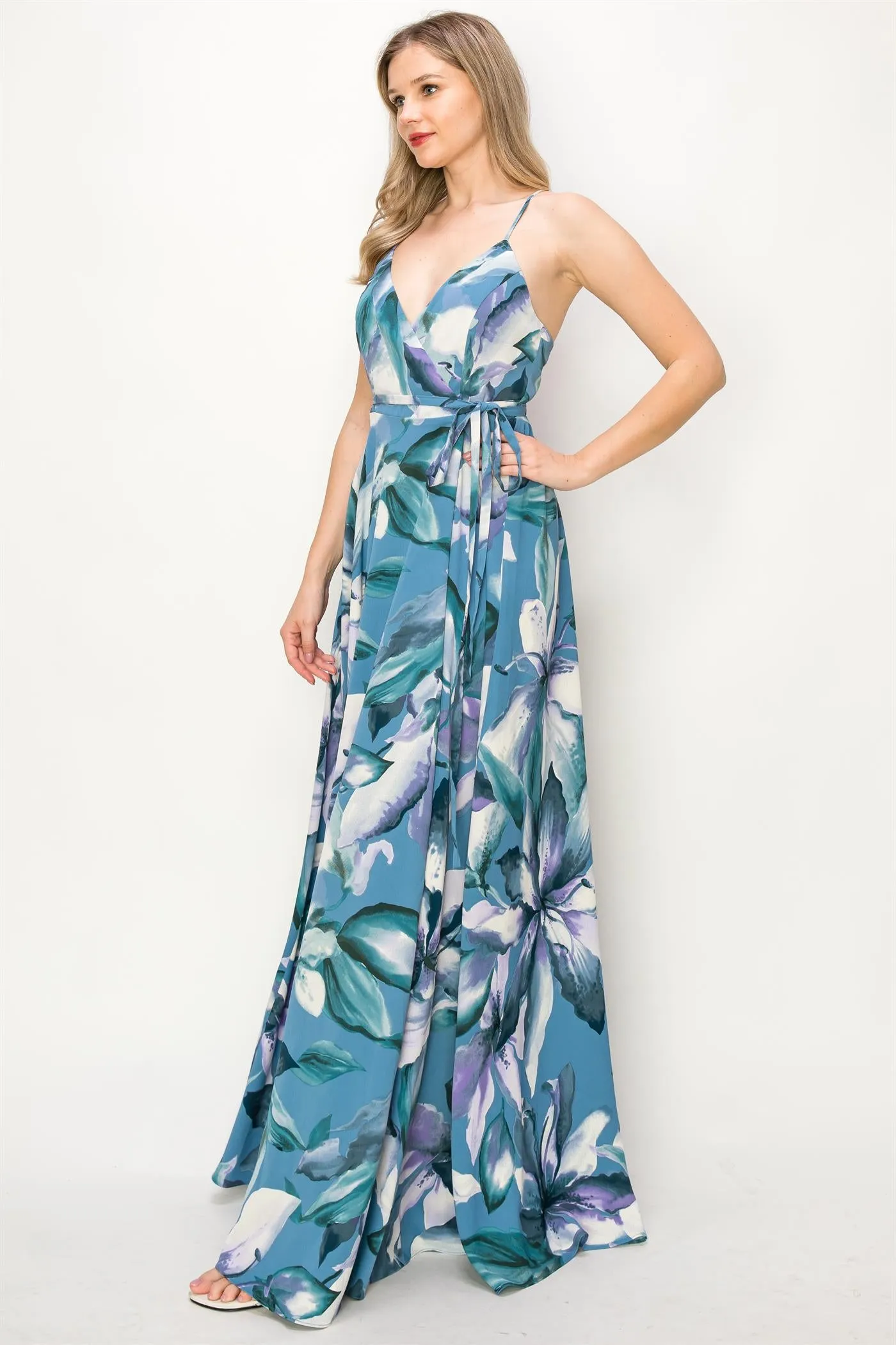 OL24A136-FLORAL SLEEVELESS WRAP MAXI DRESS