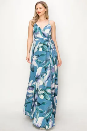 OL24A136-FLORAL SLEEVELESS WRAP MAXI DRESS