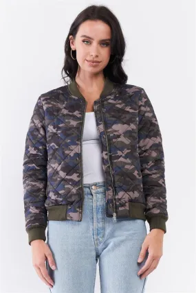 Olive Camo Print Quilted Puff Sleeve Front Zip-Up Winter Jacket