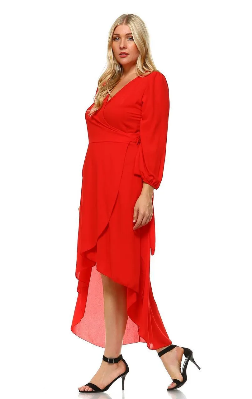 Plus Size Wrap Dress with Sleeve and Belt Red