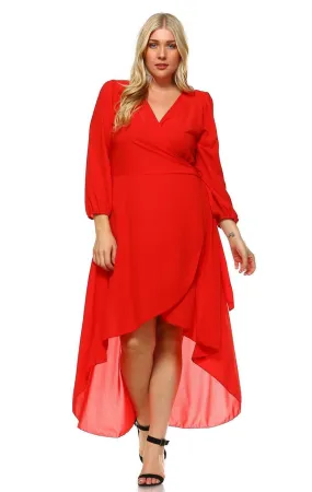 Plus Size Wrap Dress with Sleeve and Belt Red