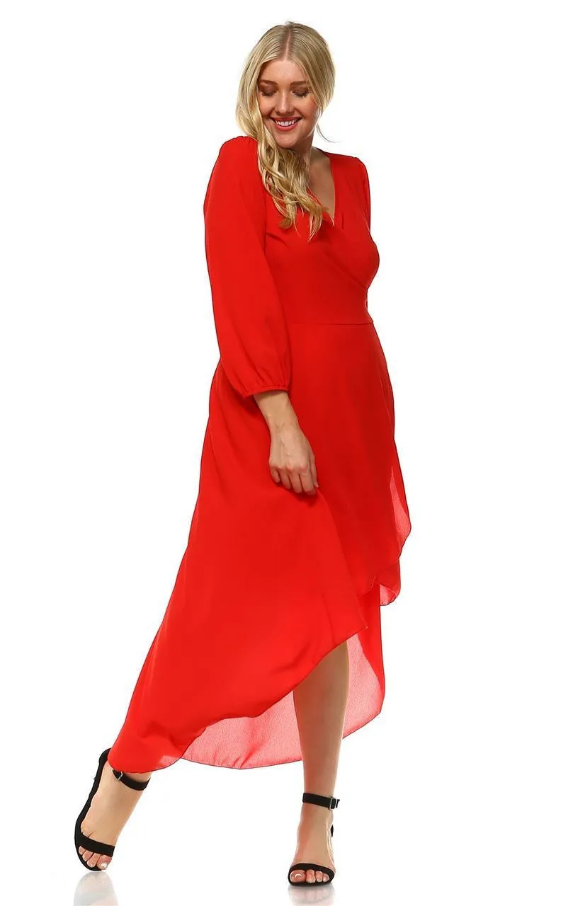 Plus Size Wrap Dress with Sleeve and Belt Red