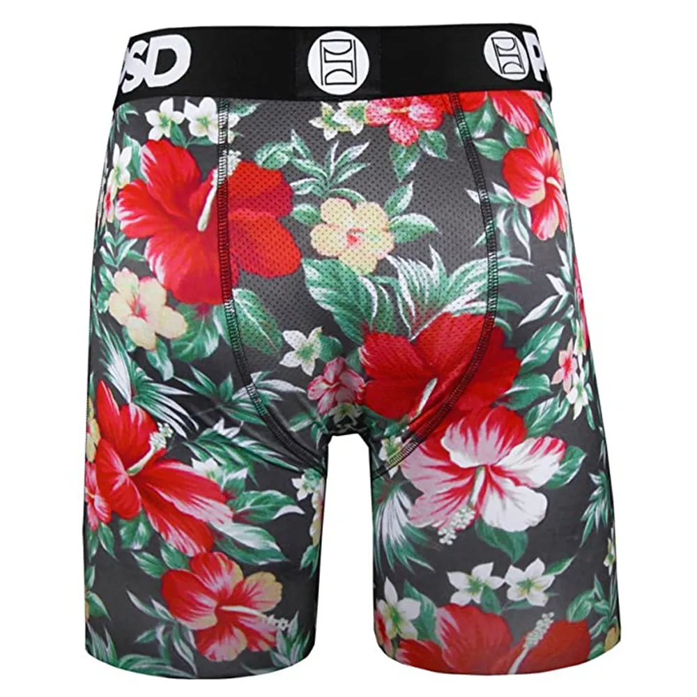 PSD Mens Black Hawaiian Flowers Allover Print Boxer Briefs Underwear - E21810085-BLK-S