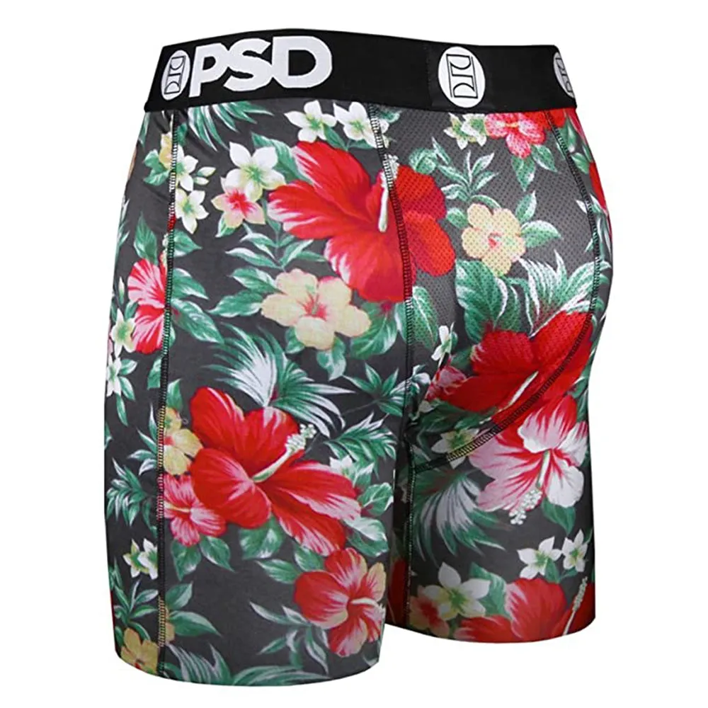 PSD Mens Black Hawaiian Flowers Allover Print Boxer Briefs Underwear - E21810085-BLK-S