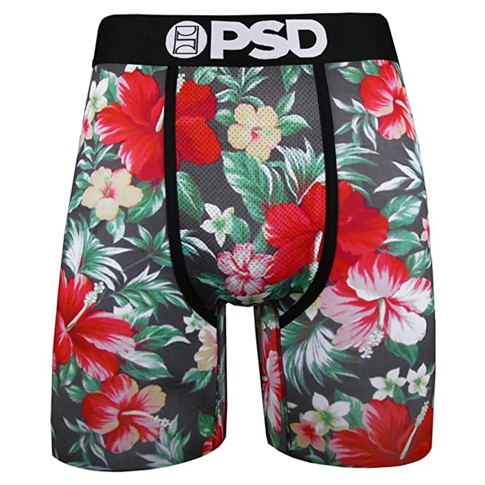 PSD Mens Black Hawaiian Flowers Allover Print Boxer Briefs Underwear - E21810085-BLK-S