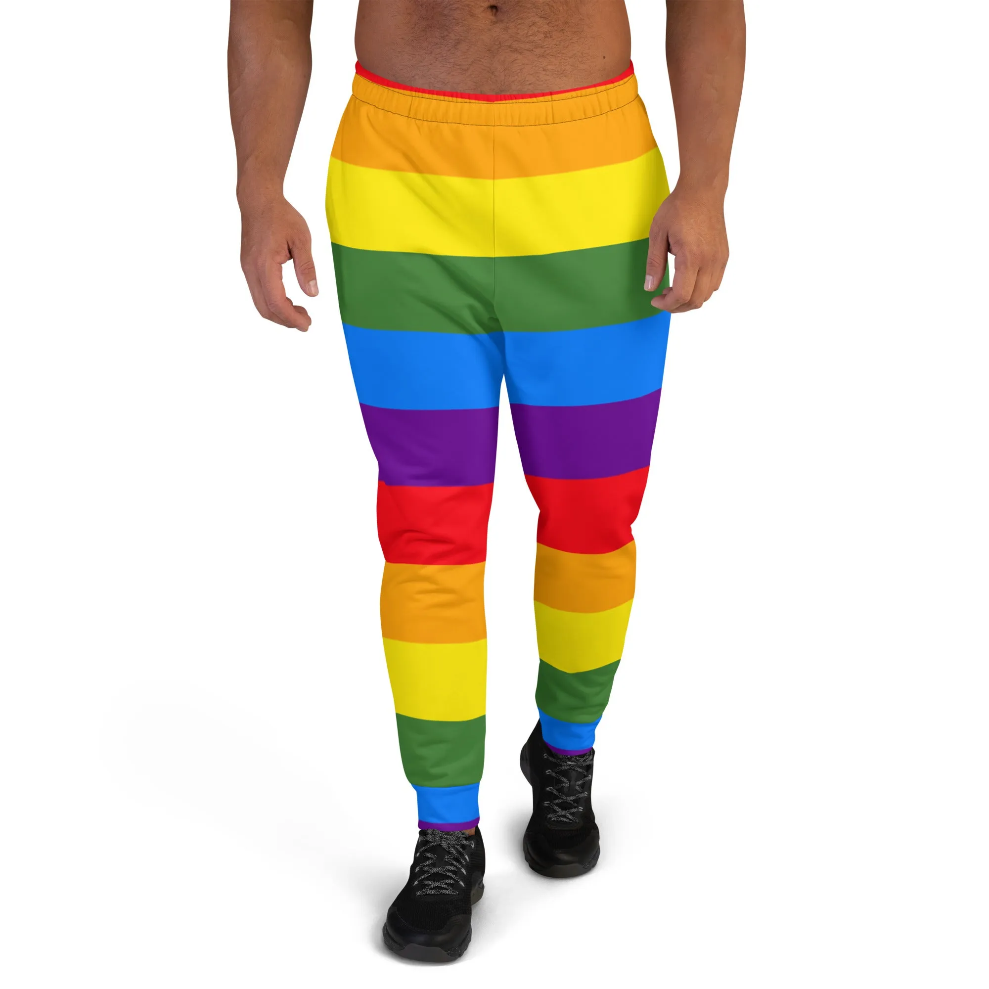 Rainbow Striped Print Men's Joggers, Rainbow Pride Joggers For Men - Made in USA/EU/MX