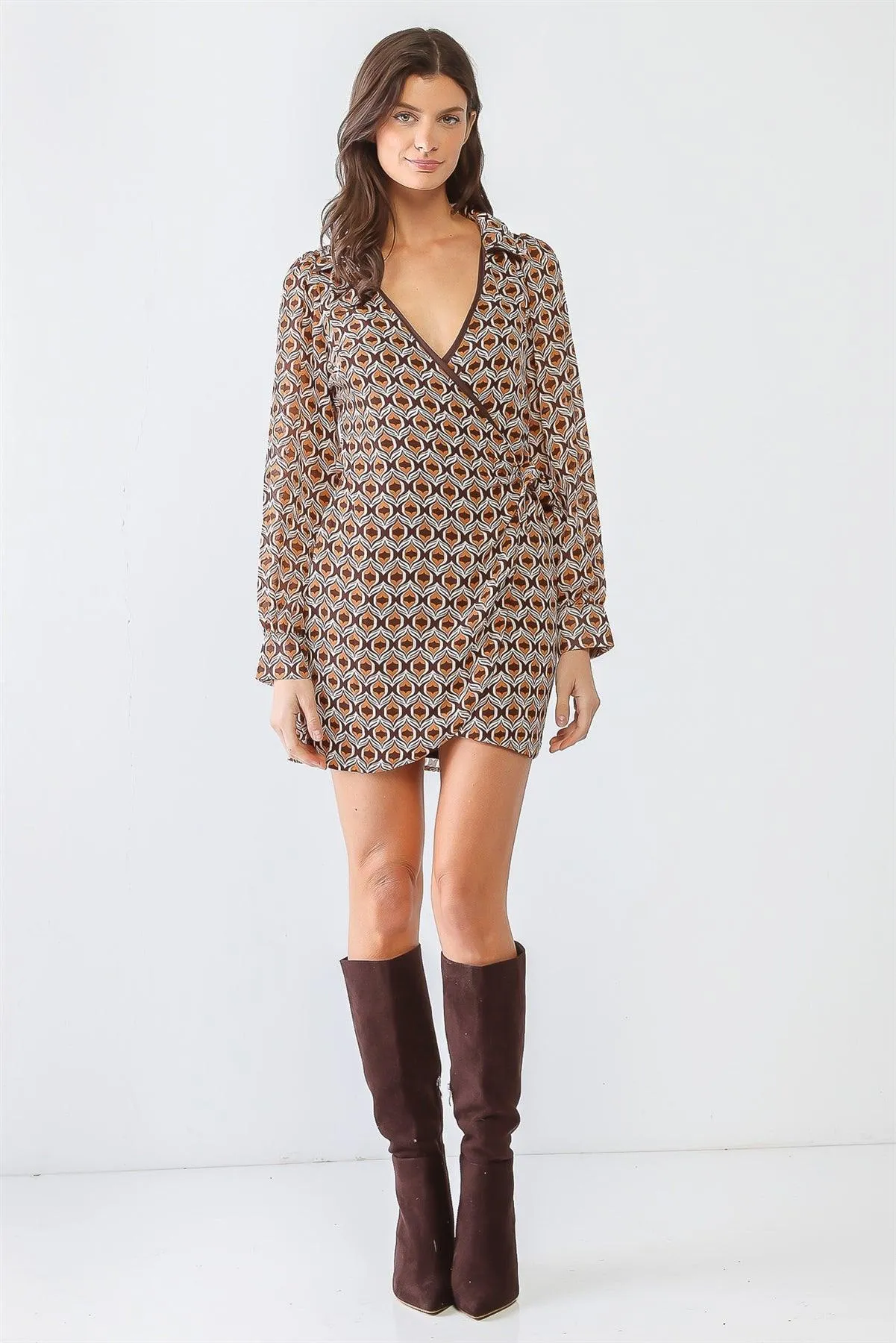 Retro Printed Wrap Self-Tie Long Sleeve Mini Dress