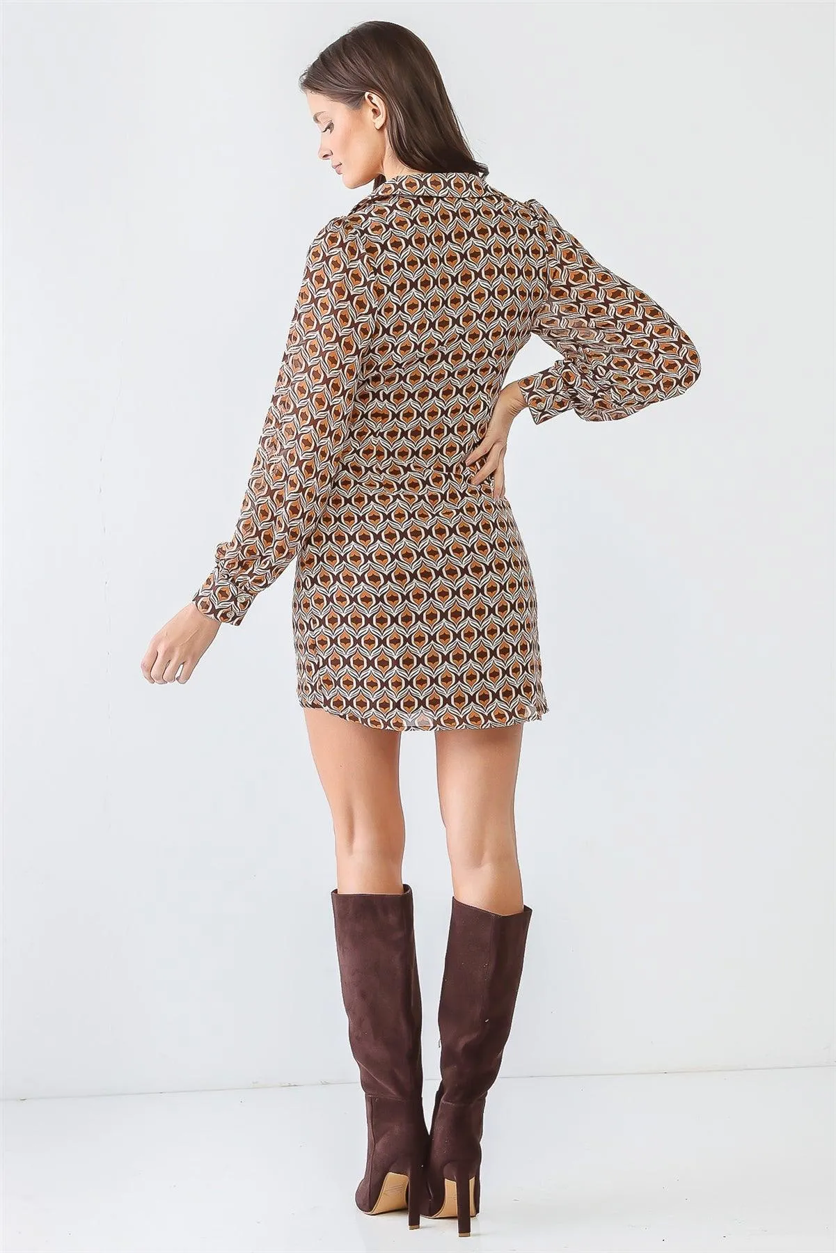 Retro Printed Wrap Self-Tie Long Sleeve Mini Dress