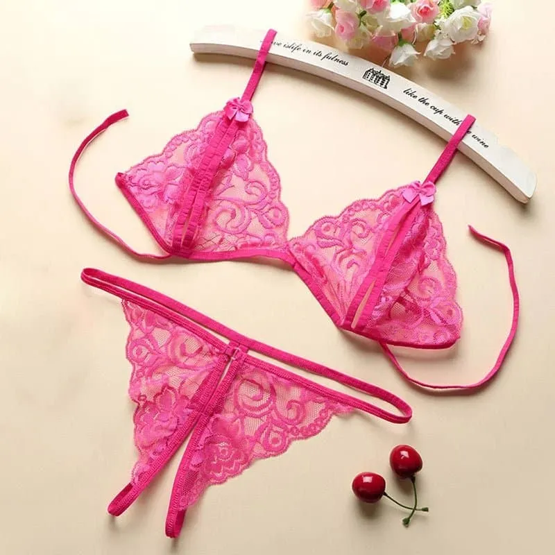 Sexy Bowknot Bra and Thong Set - Women's Hollow Out Lingerie Set