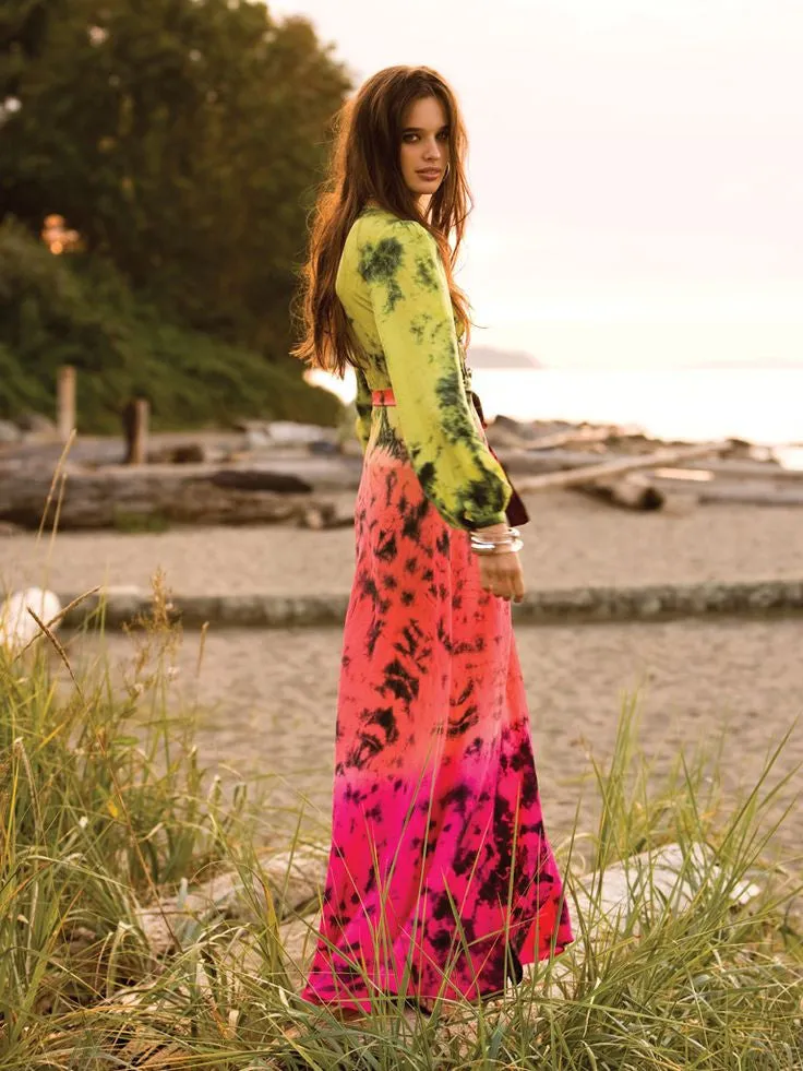 Silk Long Sleeve Wrap Dress - Astral Neon