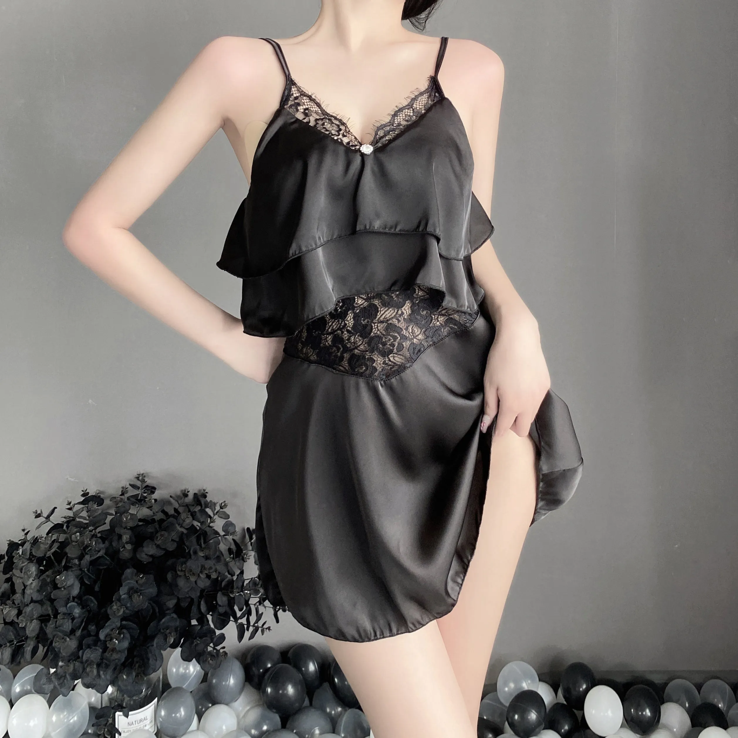 T-2512 Chiffon sheer seduction sweet ruffled slip nightdress set