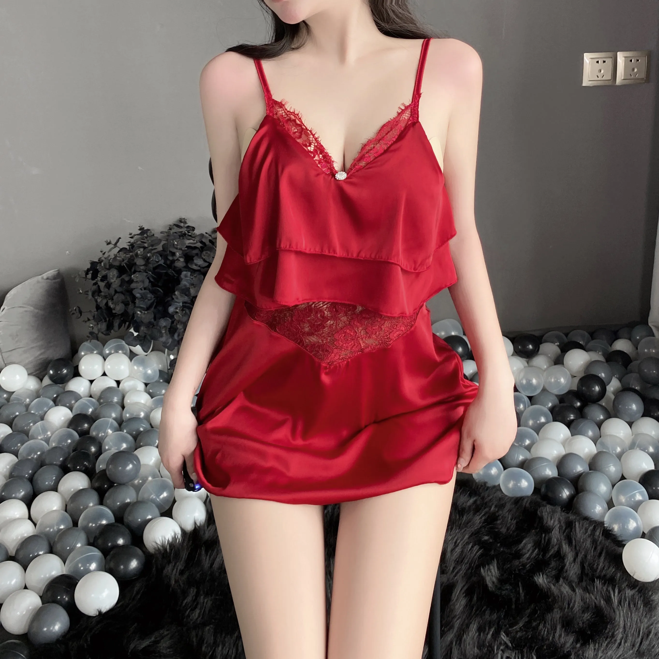 T-2512 Chiffon sheer seduction sweet ruffled slip nightdress set