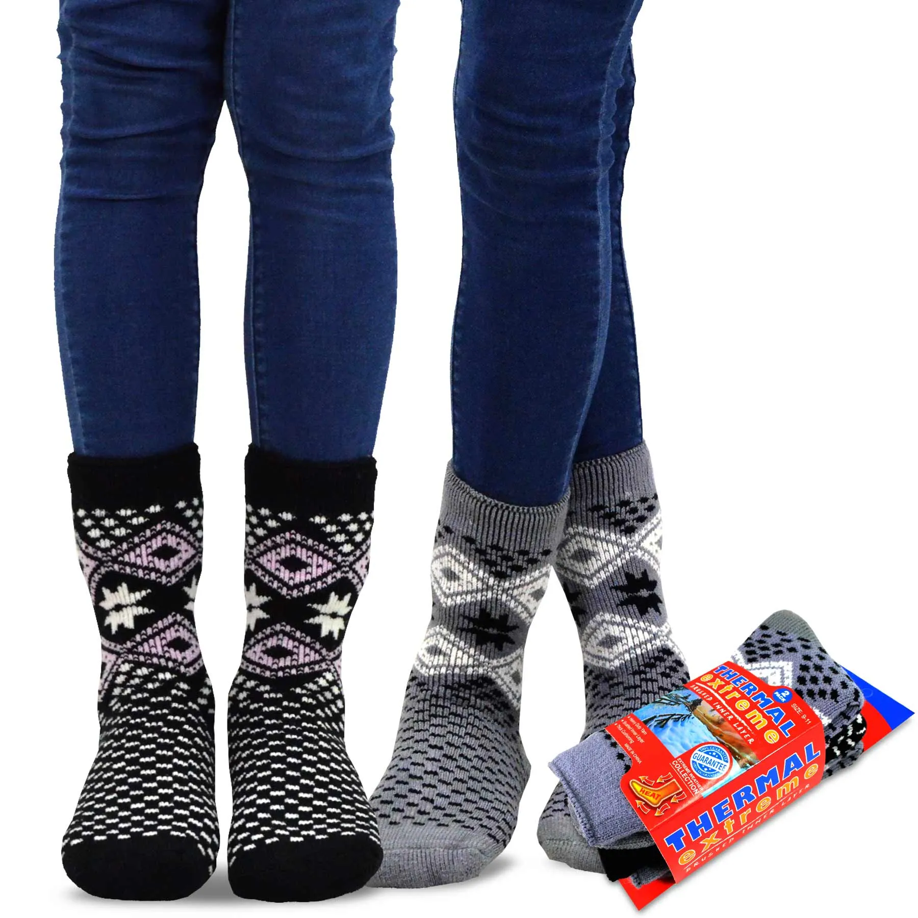 TeeHee Socks Women's Thermal Acrylic Snowflake Grey/Black 2-Pack (12032)