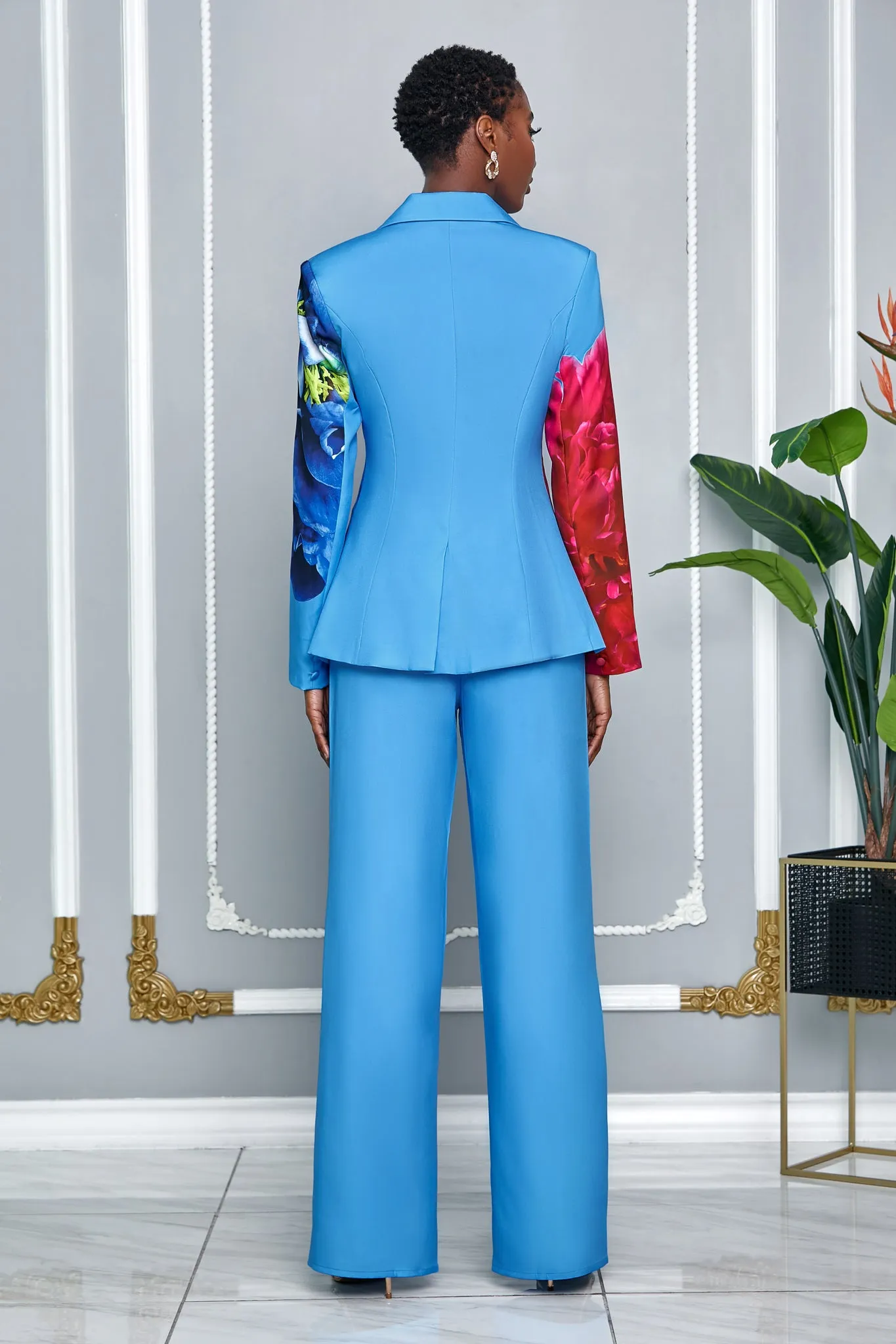 TULIP FLOWER PRINT BLAZER WITH MATCHING PANTS (BLUE MULTI)