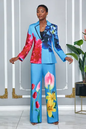 TULIP FLOWER PRINT BLAZER WITH MATCHING PANTS (BLUE MULTI)