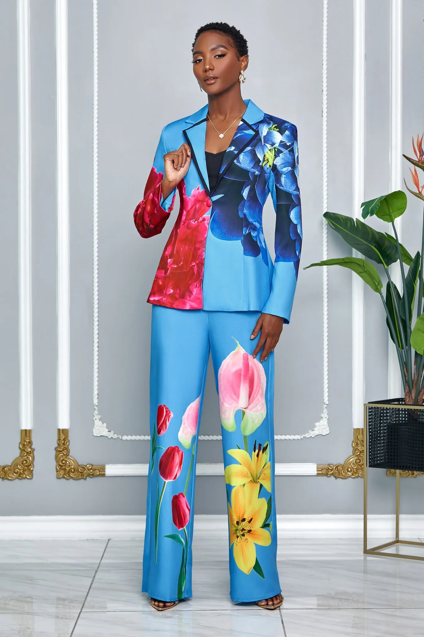 TULIP FLOWER PRINT BLAZER WITH MATCHING PANTS (BLUE MULTI)