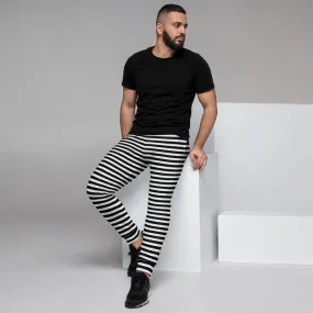 White Black Stripes Men's Joggers, Modern Horizontally Striped Comfy Pants-Made in EU/MX