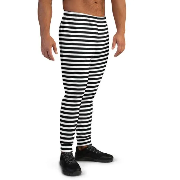 White Black Stripes Men's Joggers, Modern Horizontally Striped Comfy Pants-Made in EU/MX