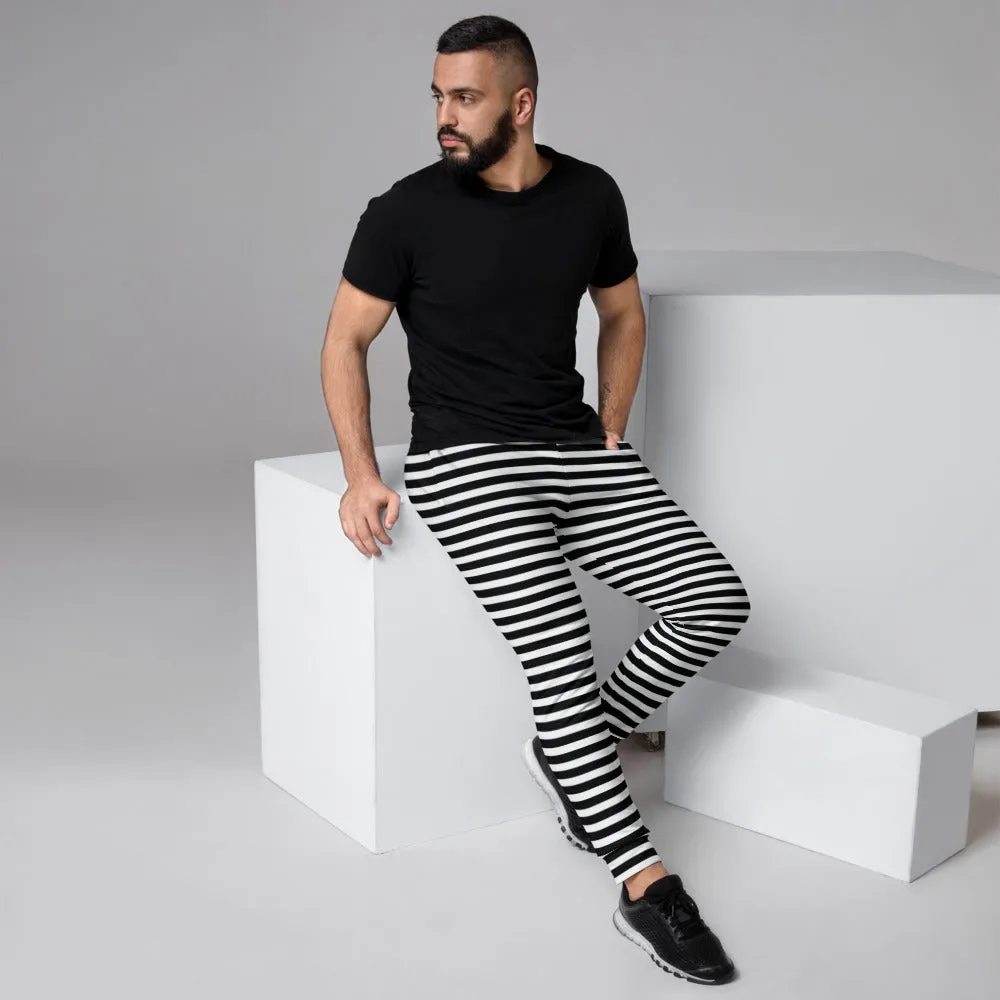 White Black Stripes Men's Joggers, Modern Horizontally Striped Comfy Pants-Made in EU/MX