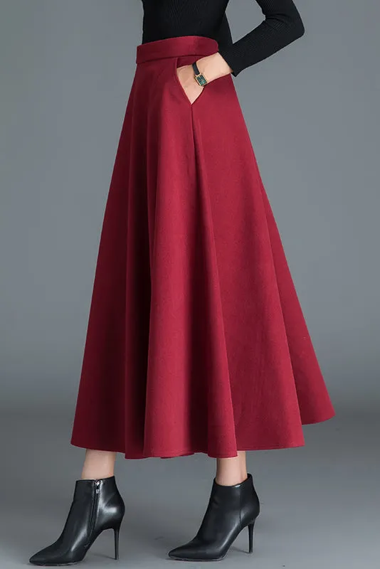 Wine Red Women Long Wool Skirt 3789