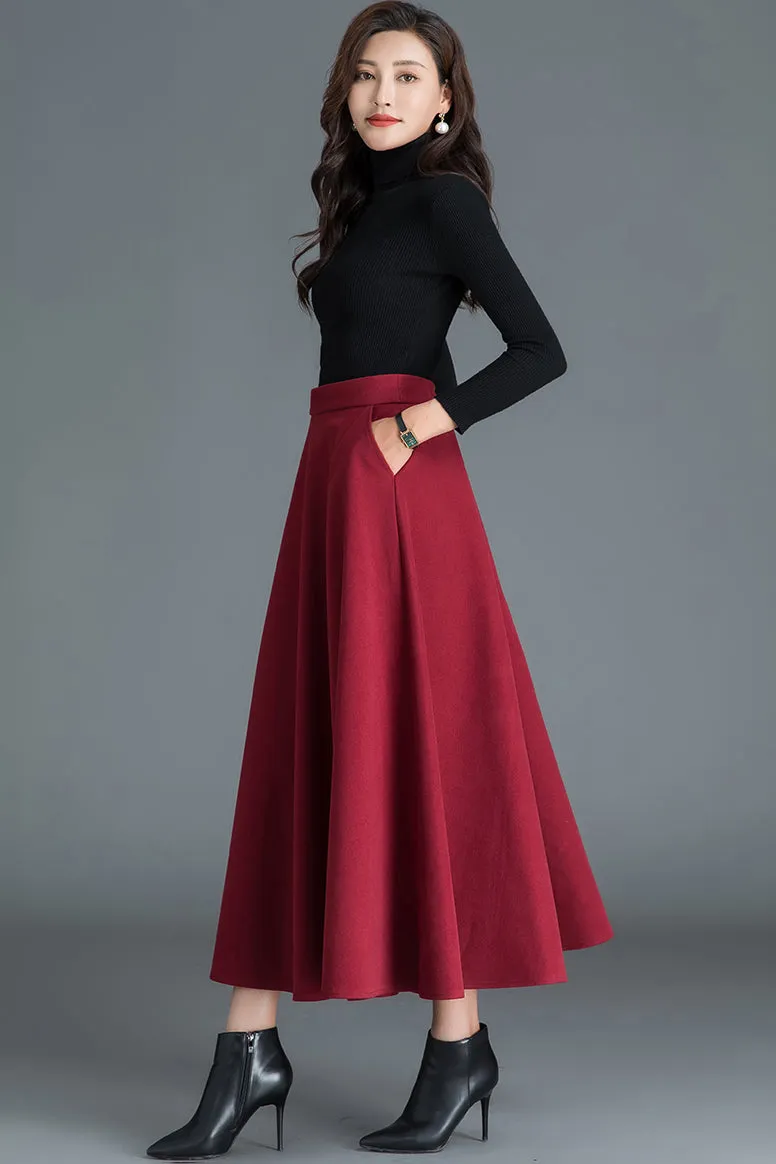 Wine Red Women Long Wool Skirt 3789