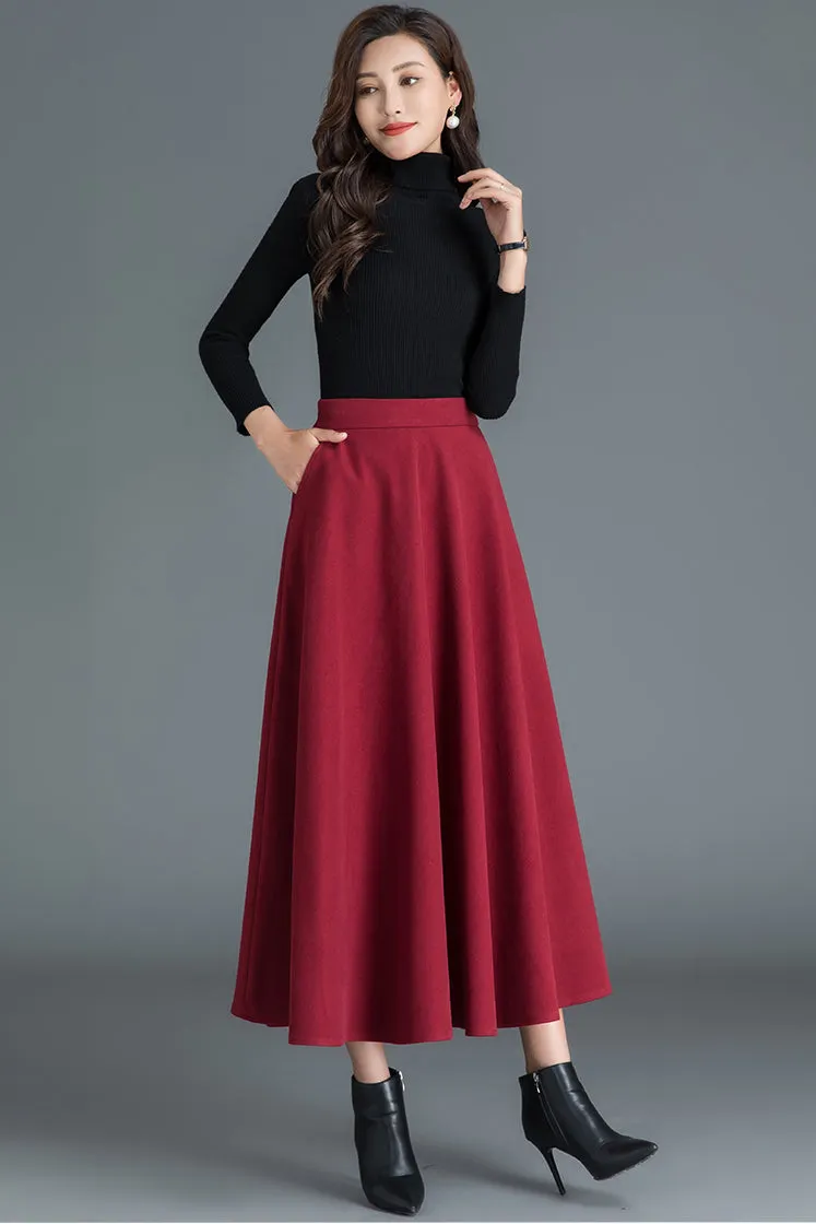 Wine Red Women Long Wool Skirt 3789