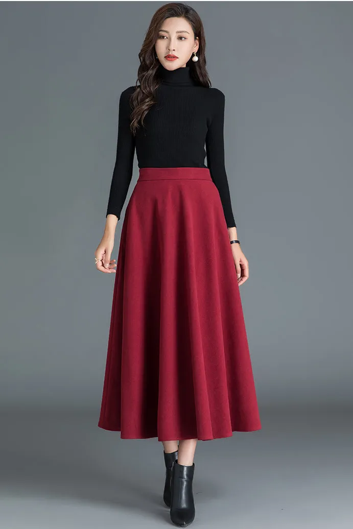 Wine Red Women Long Wool Skirt 3789