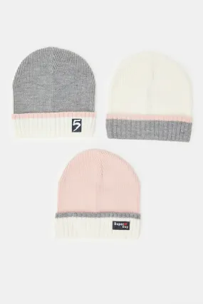 Women Pink And Grey Embellished Knitted Caps (Pack of 3)