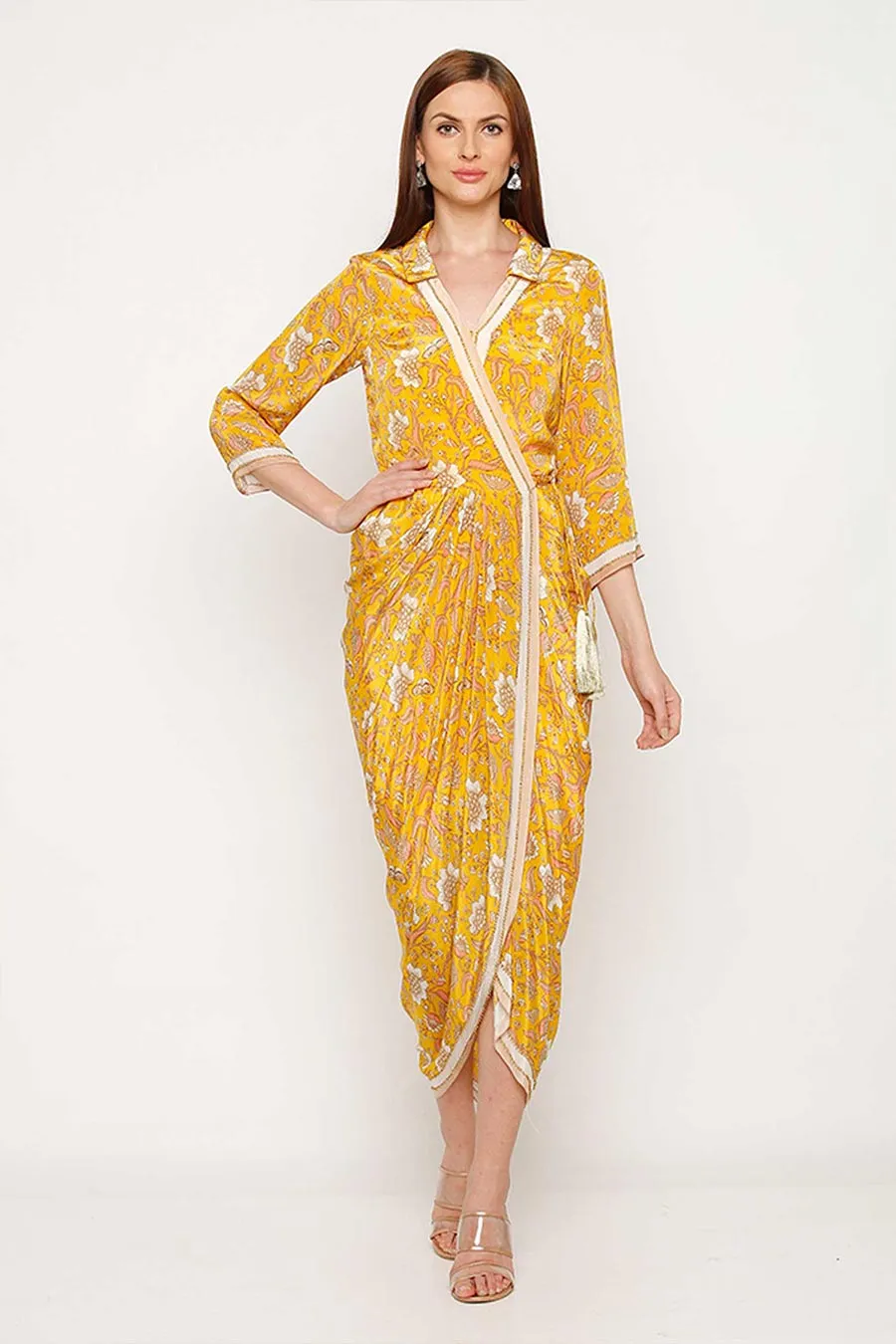 Yellow Printed Wrap Dress