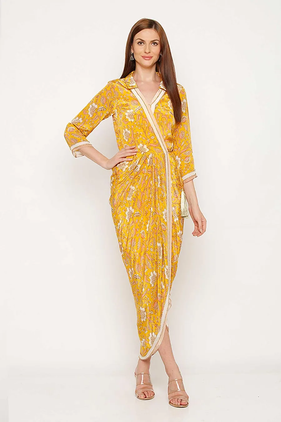 Yellow Printed Wrap Dress