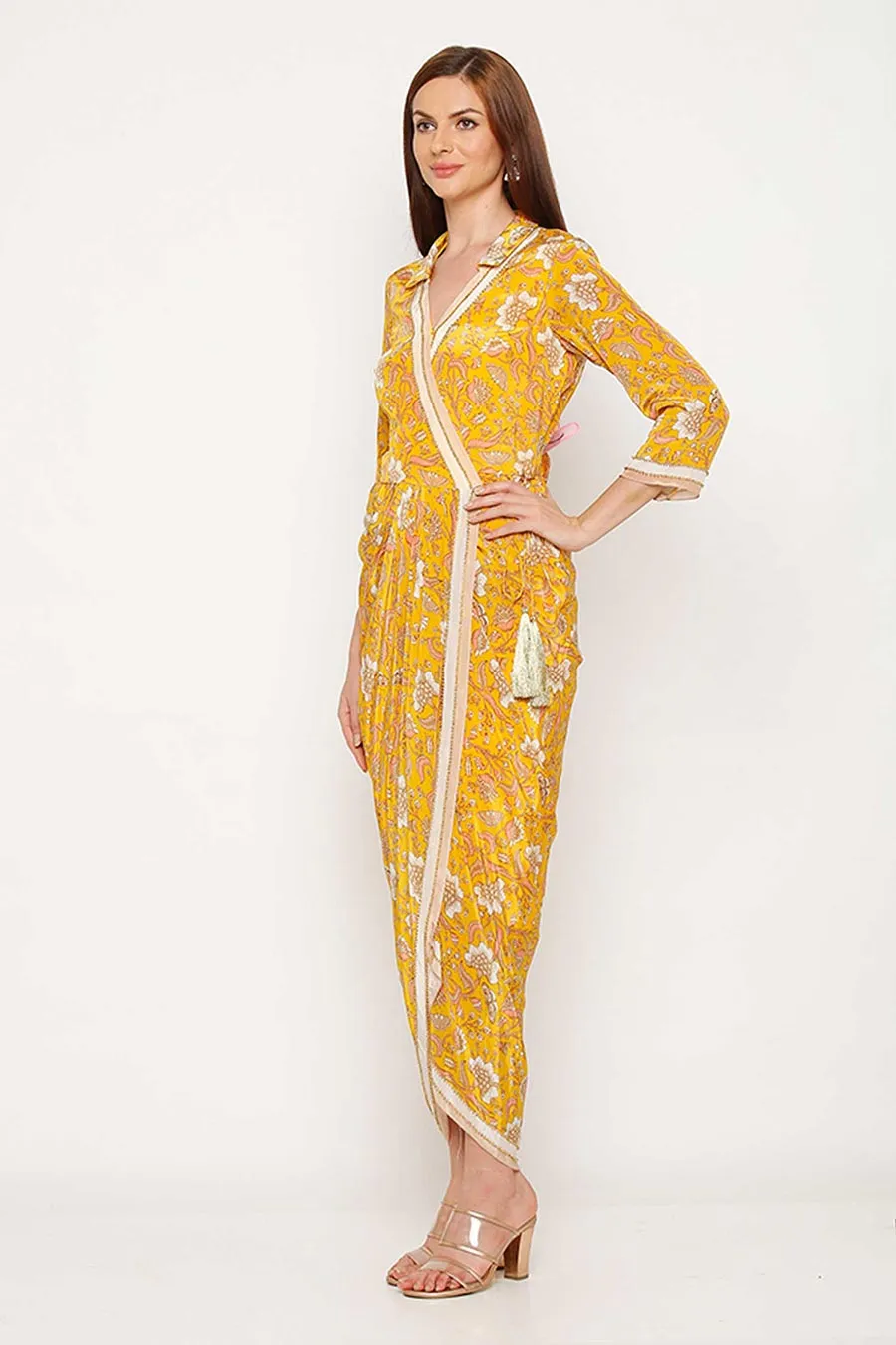 Yellow Printed Wrap Dress