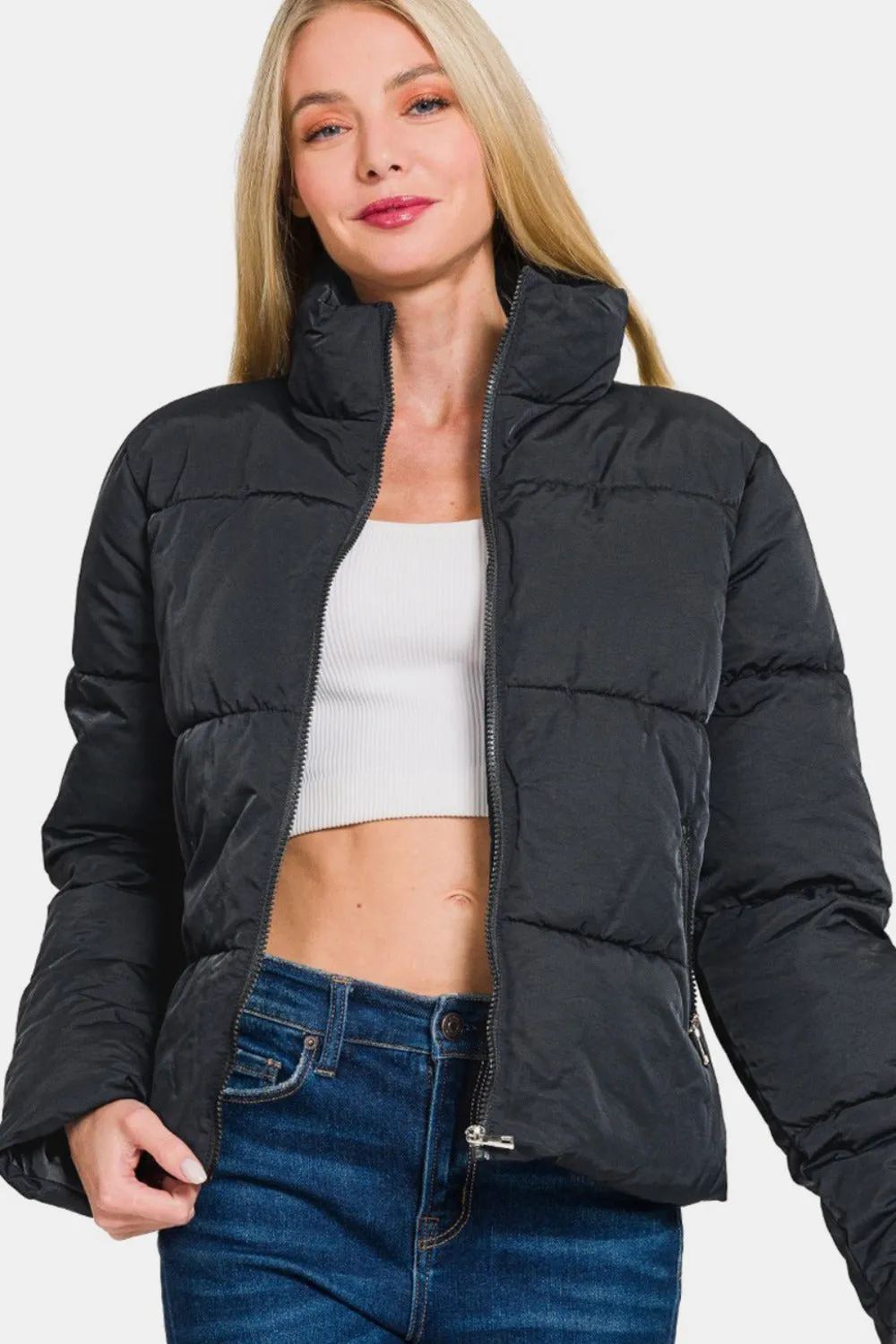 Zenana Black Zip Up Puffer Jacket